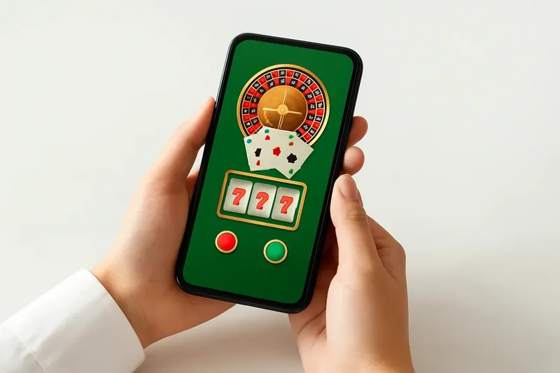 Hands holding smartphone with casino app on white marble surface