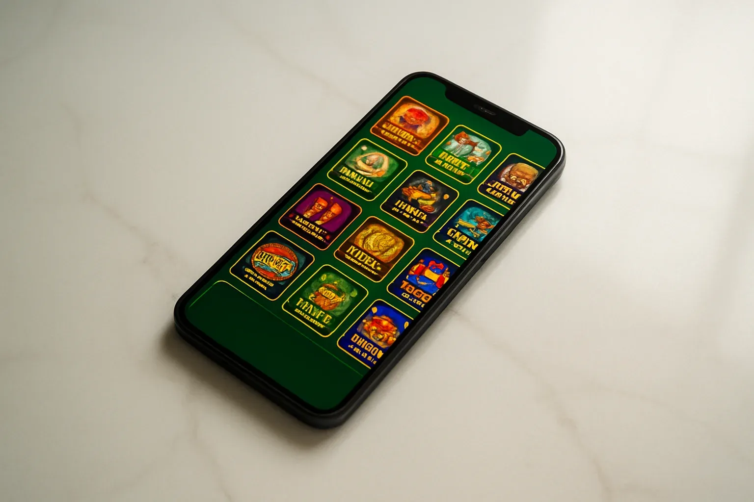 Smartphone on white marble showing bright casino game selection grid