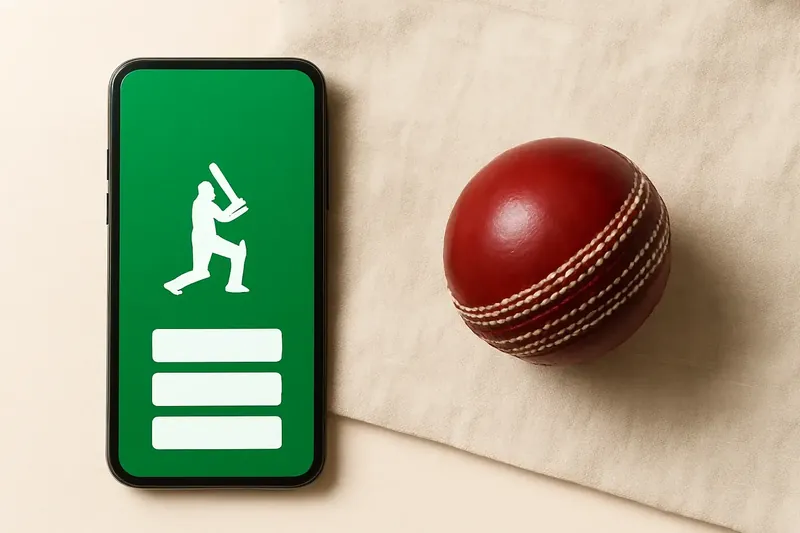 Smartphone with betting app beside cricket ball on white background