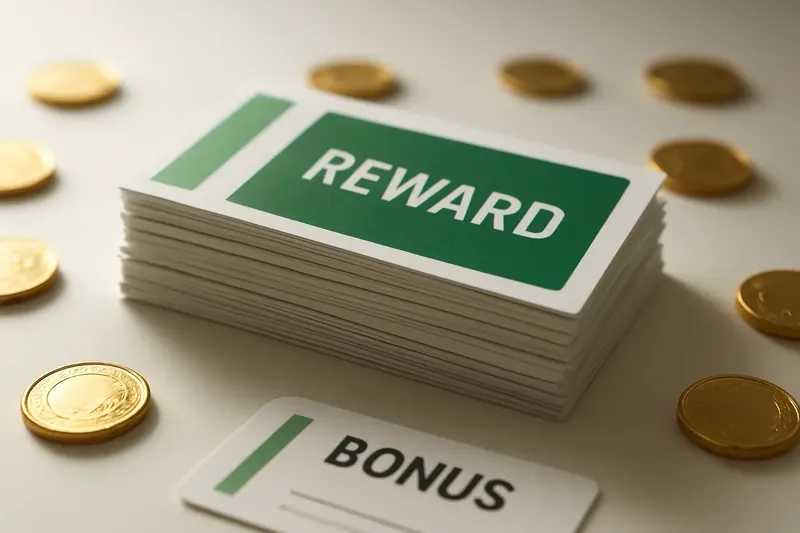 Stack of casino bonus vouchers and reward cards with gold coins
