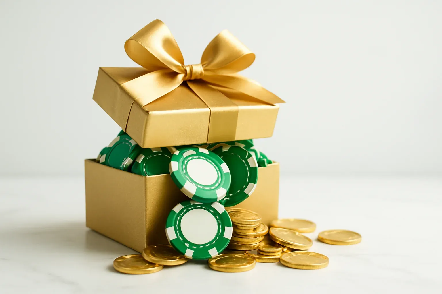Golden Bonus Gift Box Golden gift box overflowing with poker chips and gold coins