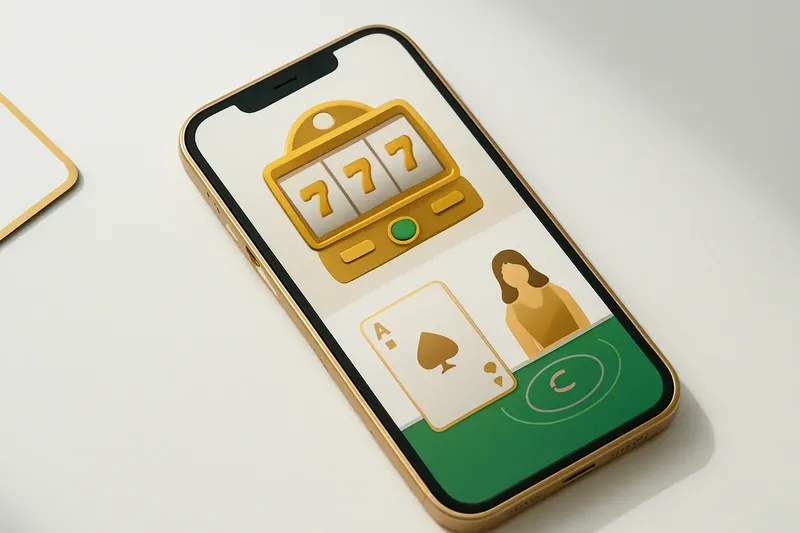 Mobile phone showing casino app with slots and live games