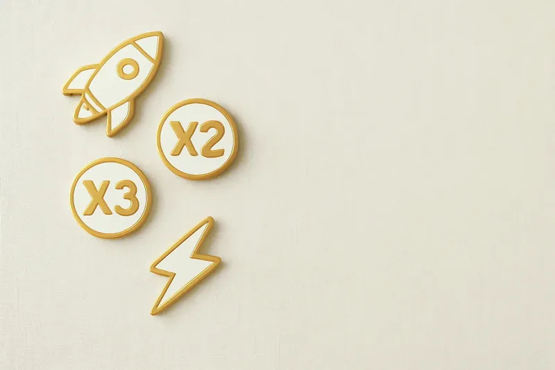 Gold and white instant game icons with rocket and lightning symbols