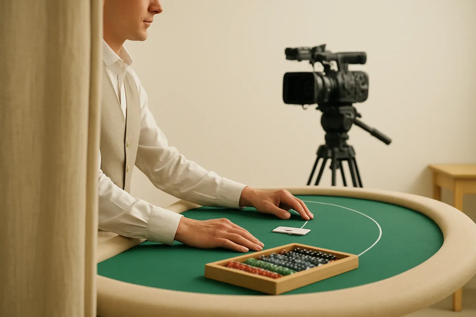 Live Casino Studio Professional blackjack dealer in live casino studio with camera rig
