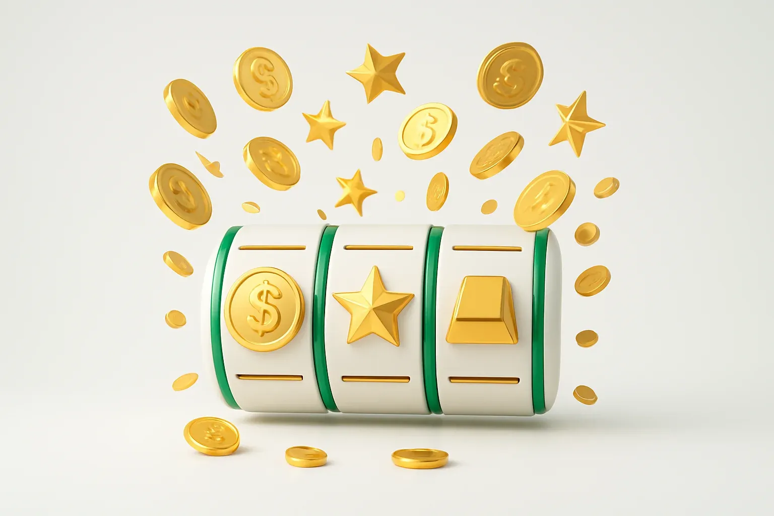 Colorful slot machine reels with gold symbols, coins, and stars exploding